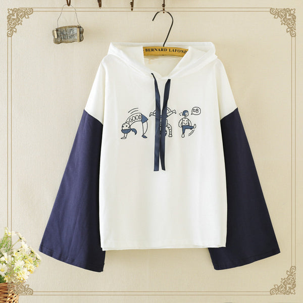 Merry Pretty Women Cartoon Embroidery Hooded Sweatshirts Winter Long Sleeve Drawstring Patchwork Hoodies Femme Pullovers