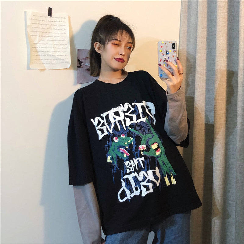 Spring sports fake two-piece hedging cartoon T-shirt women loose