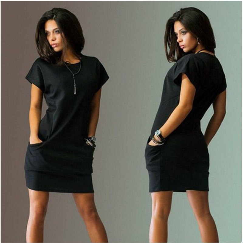 Summer Fashion Women Clothing Casual Short Sleeve O-Neck Black Blue Dresses Slim Pocket Bodycon T Shirt Dress