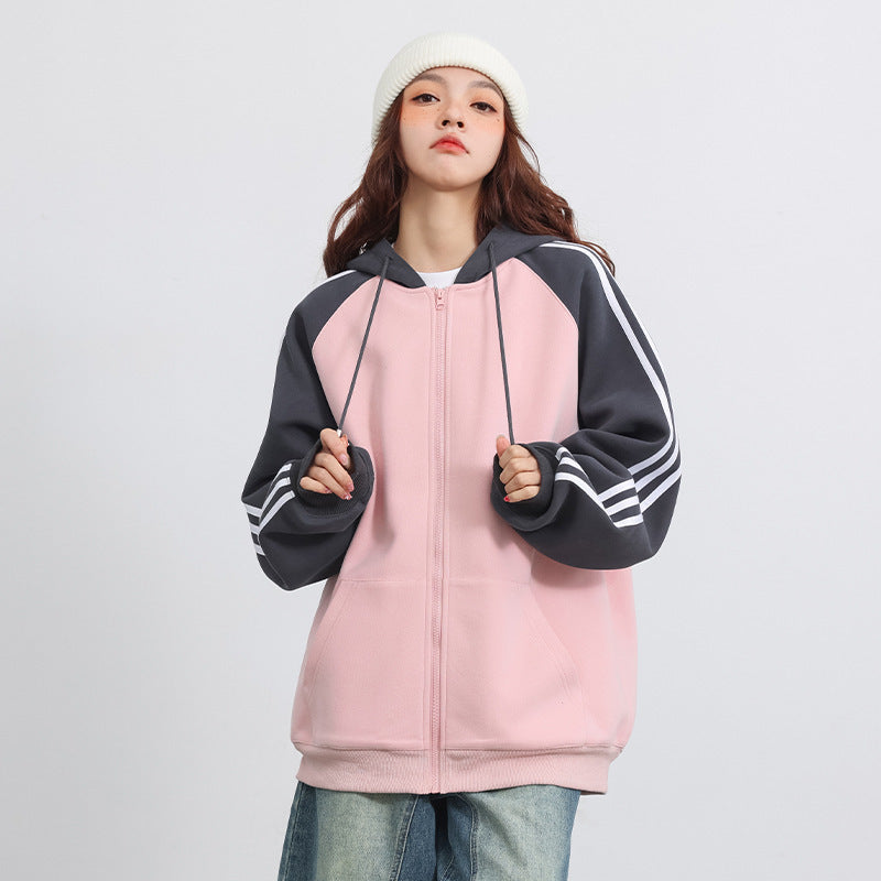 Autumn New Contrast Color Stripe Cardigan Baggy Coat