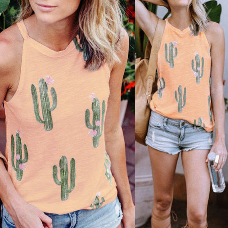 Summer Cactus Print Women T Shirt Casual Halter Harajuku Women TShirt Tops Tees Female Shirts Camiseta Women Tops