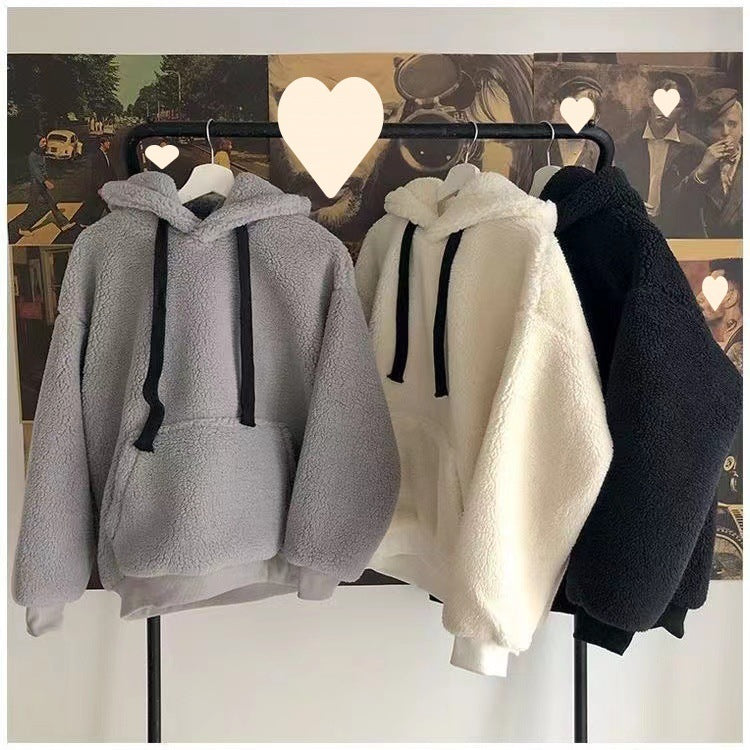 Lamb Wool Sweatshirt Winter Women's Fleece-lined Thickened Hooded