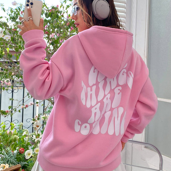 Brushed Hoody Plain Letter Kangaroo Pocket Drawstring Printed Hoodie