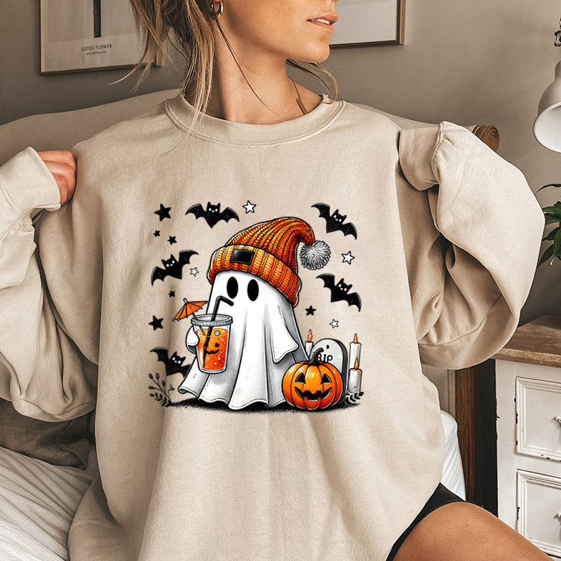 Women's Sweatshirt Halloween Ghost Pumpkin Bat Print Pullover