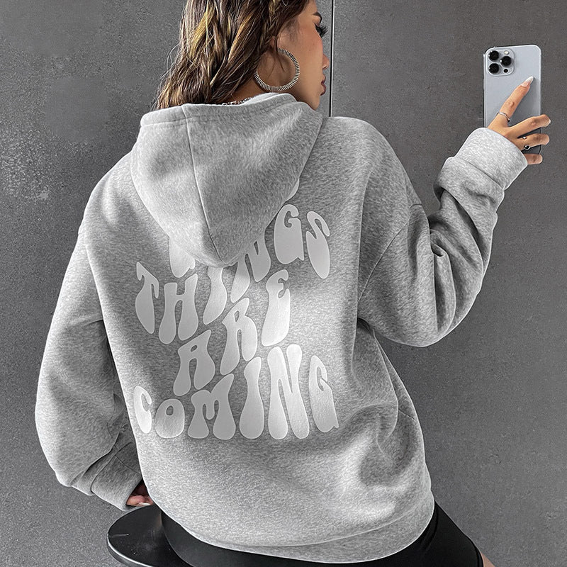 Brushed Hoody Plain Letter Kangaroo Pocket Drawstring Printed Hoodie