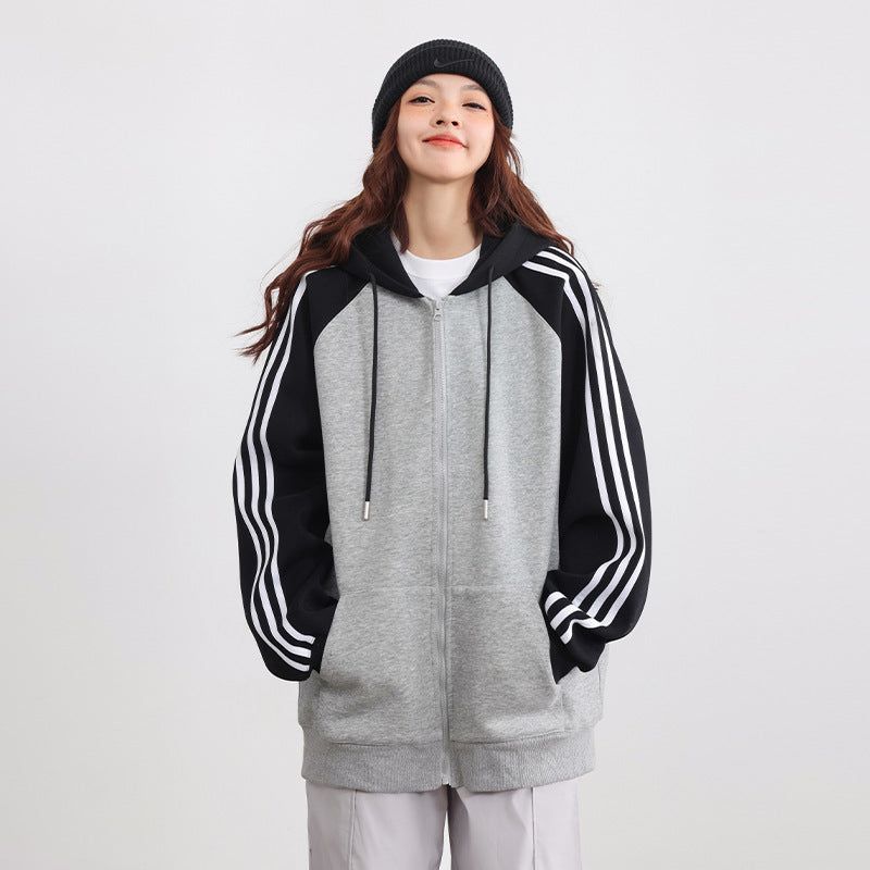 Autumn New Contrast Color Stripe Cardigan Baggy Coat