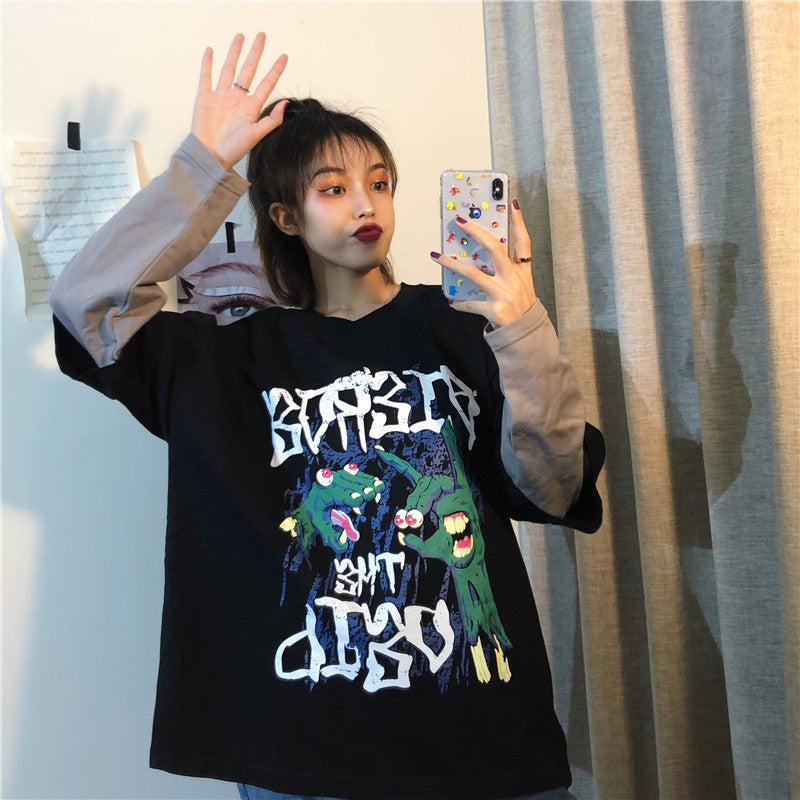 Spring sports fake two-piece hedging cartoon T-shirt women loose