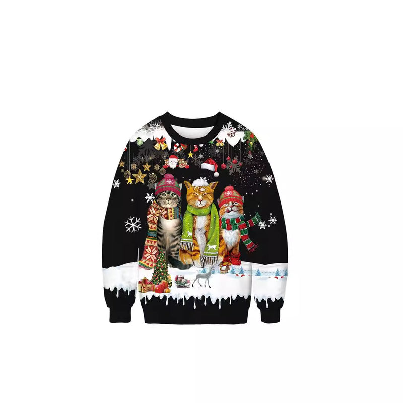 European And American Christmas Cat Printing Crew Neck Pullover Sweatshirt