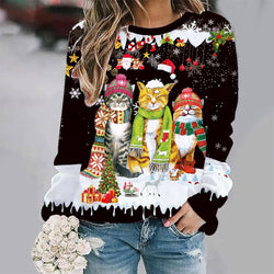 European And American Christmas Cat Printing Crew Neck Pullover Sweatshirt