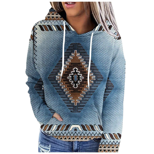 Women's Hooded Multicolor Printing Sports Pocket Drawstring 3D Retro Sweater