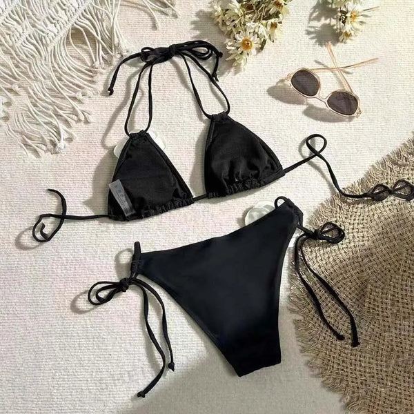 2 Pcs 3D Floral Swimsuits Bikinis Set Cross Beauty Back Flower Knot Triangle Bikini Set Lingerie Ins Lace Tied Up Swimwear Set