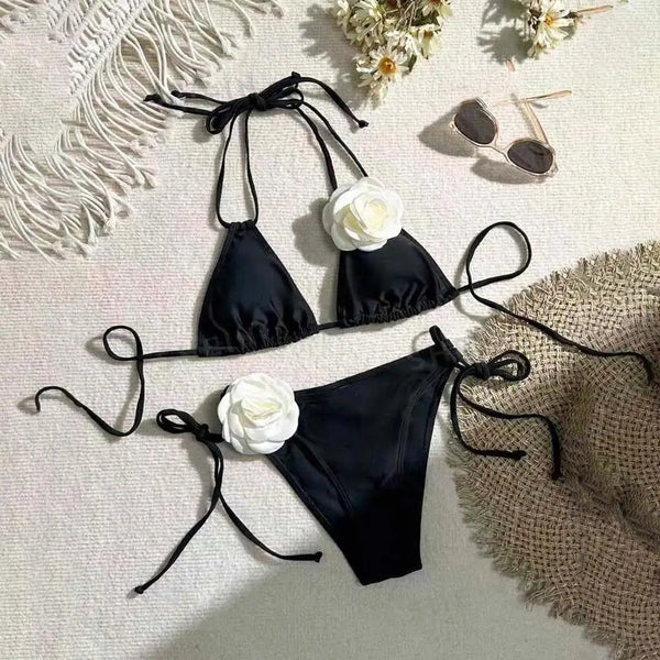 2 Pcs 3D Floral Swimsuits Bikinis Set Cross Beauty Back Flower Knot Triangle Bikini Set Lingerie Ins Lace Tied Up Swimwear Set