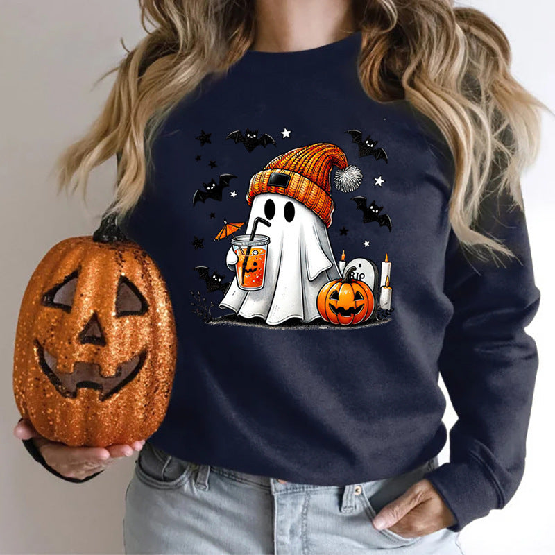 Women's Sweatshirt Halloween Ghost Pumpkin Bat Print Pullover