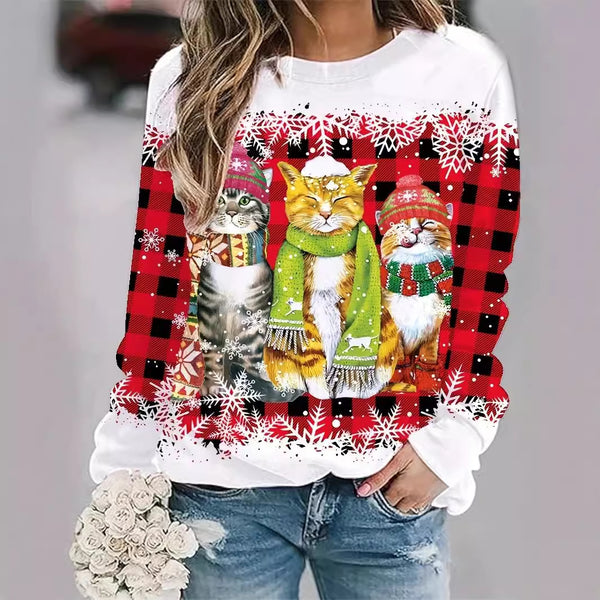 European And American Christmas Cat Printing Crew Neck Pullover Sweatshirt