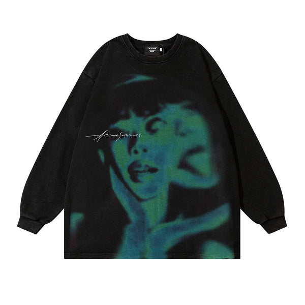 High Street Washed Old Portrait Sweatshirt For Men And Women