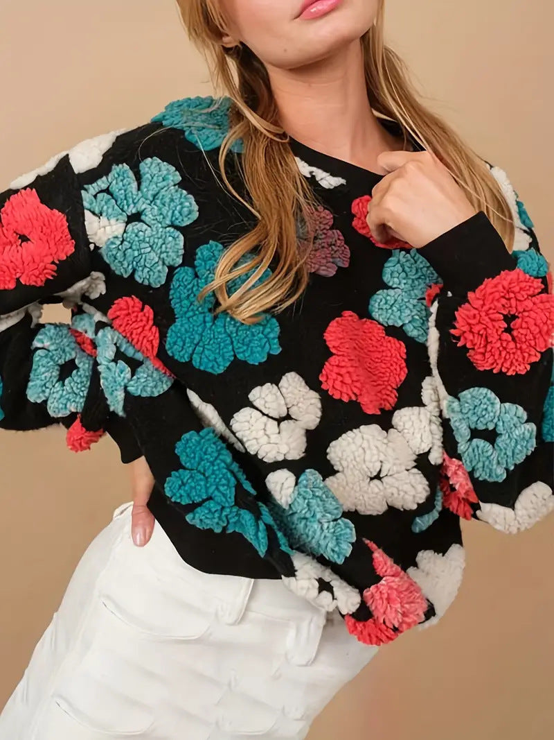 Retro Three-dimensional Flower Loose Temperament Cashmere Sweater